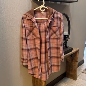 Plaid Button-Up Shirt with Hood